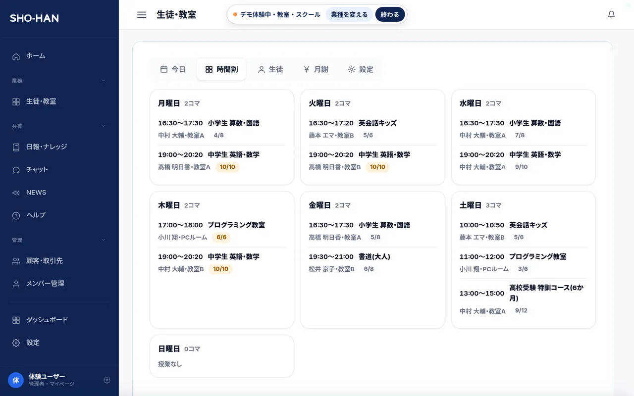 時間割の画面(デモ)